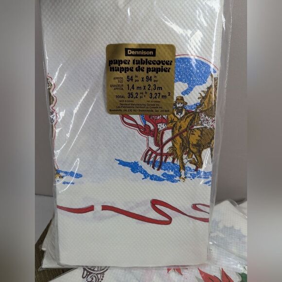 Vintage Christmas Paper Tablecloths – Lot of 7 – 54x72 Poinsettia & Horse Sleigh - Picture 3 of 8